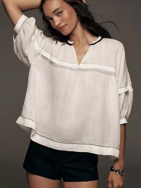 Maeve White Peasant Tunic with Black Contrast Trim